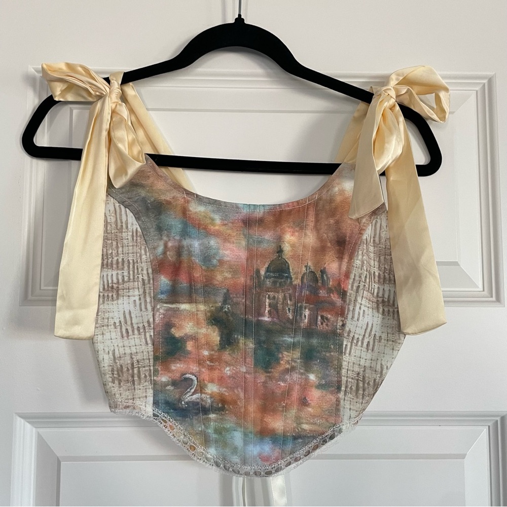 Micas Romantic Baroque Print Women's Corset Top with Ribbon Straps
